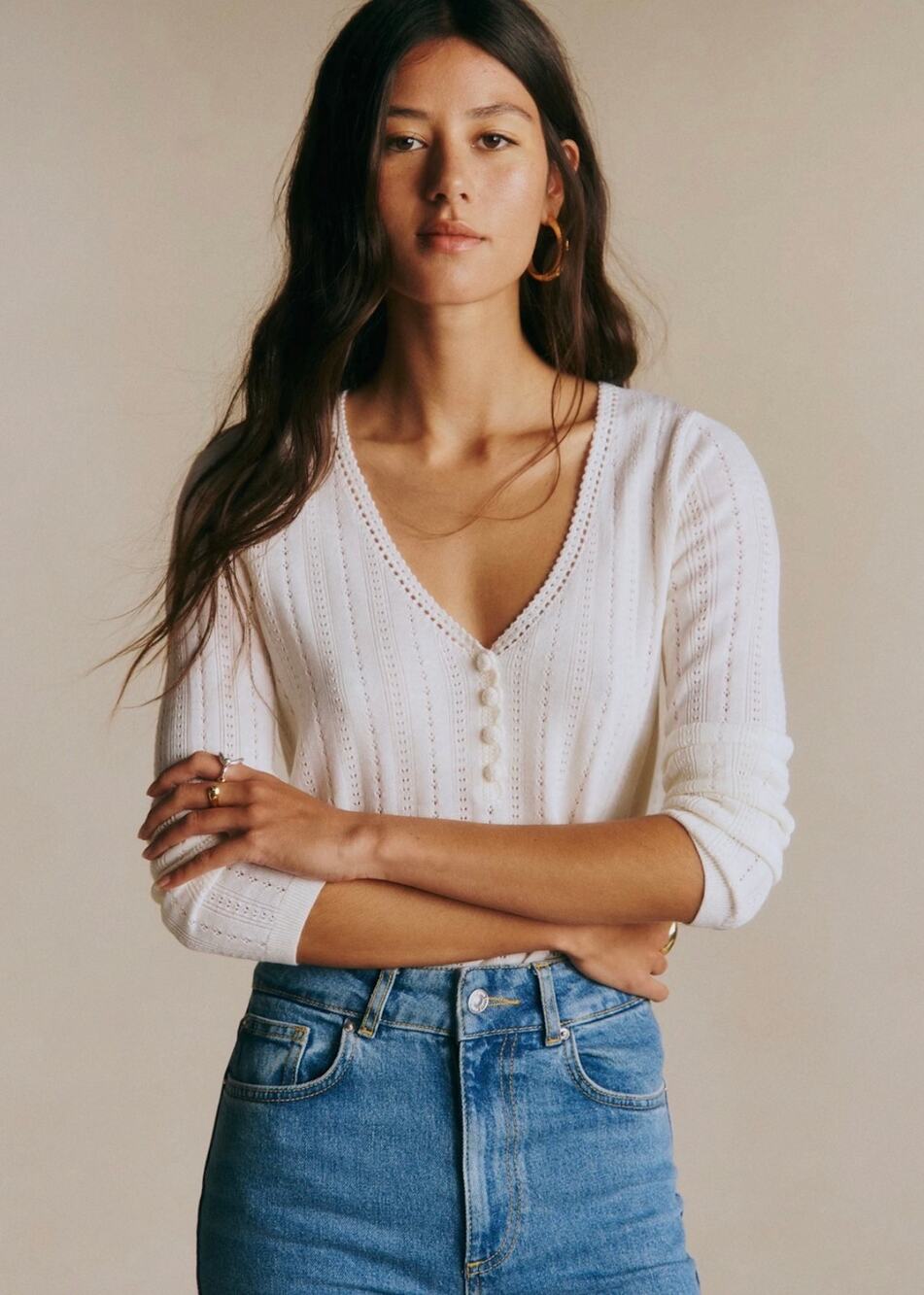 Sezane Tess Ecru Merino Wool French Casual Jumper Size Large NWT
